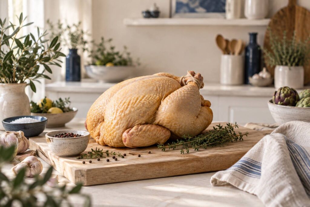 Poularde fermiere crue sur une planche en bois avec thym et poivre en grains