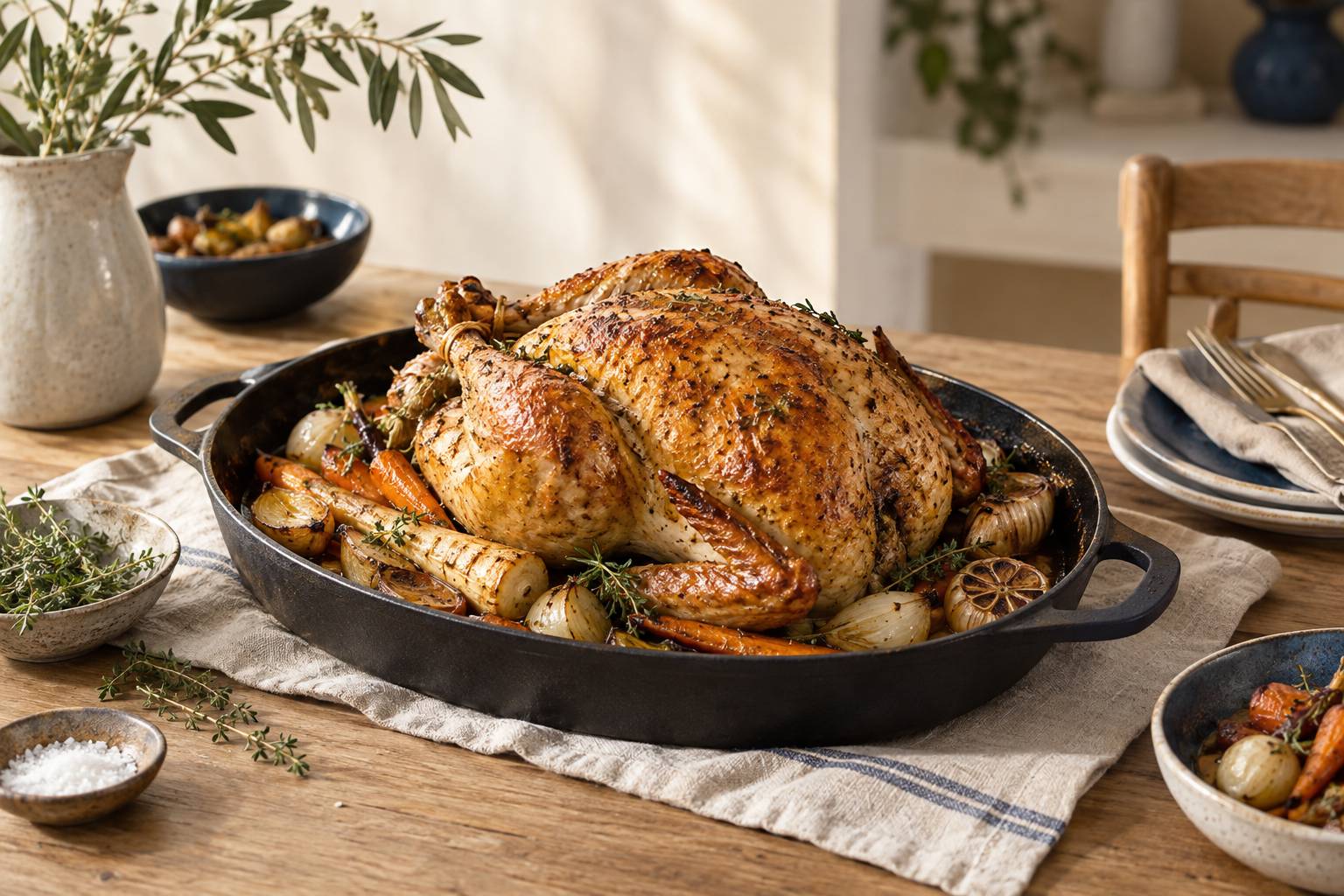Poularde roties dans un plat en fonte avec legumes racines sur une table en bois