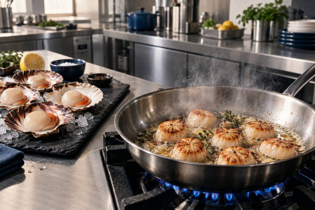 Noix de Saint-Jacques fraîches et poêle en inox sur feu vif