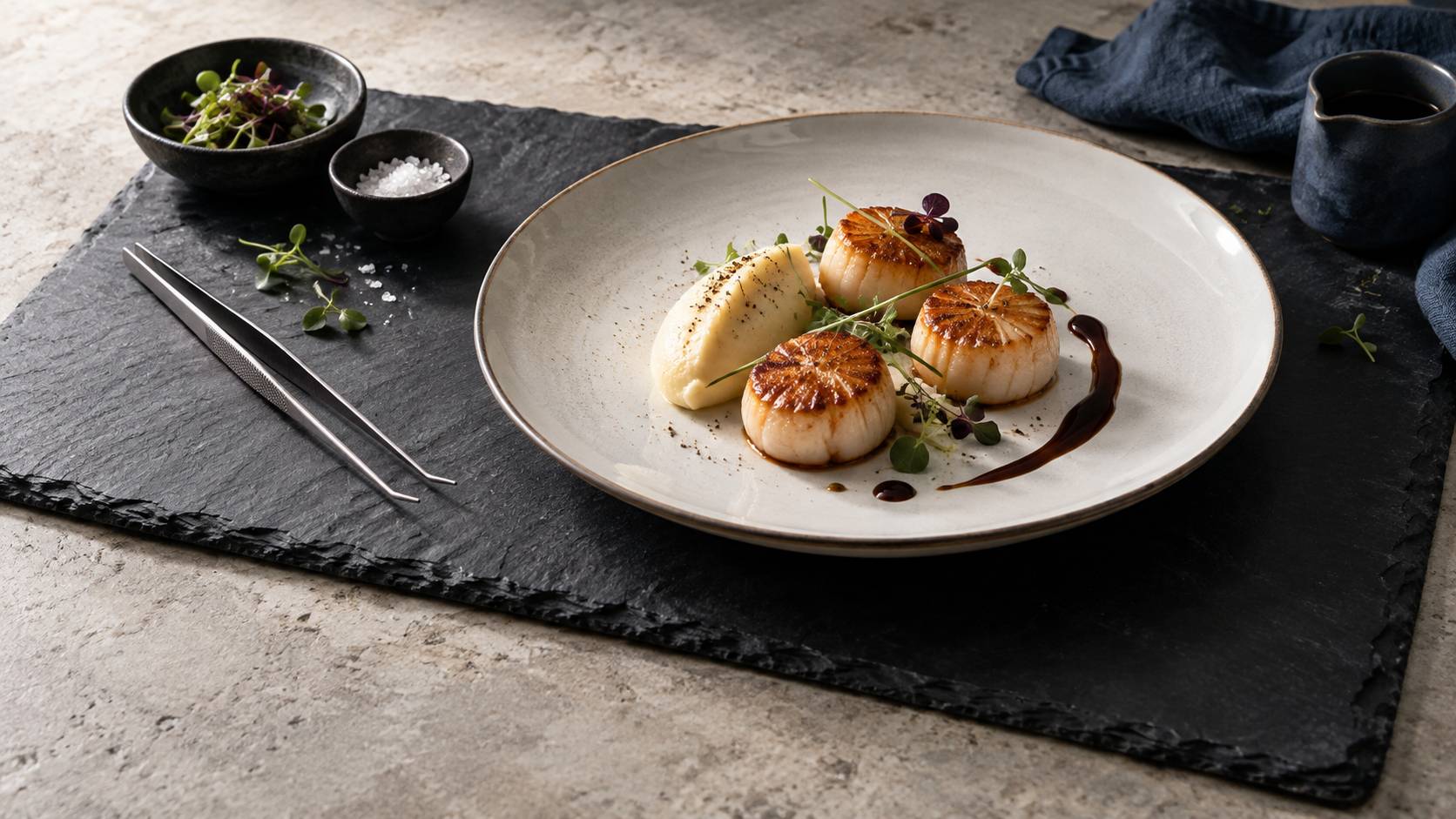 Assiette d'ardoise noire dressée avec noix de Saint-Jacques saisies