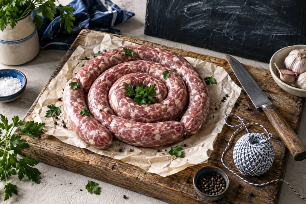 Saucisses de Toulouse crues au boyau naturel sur une planche