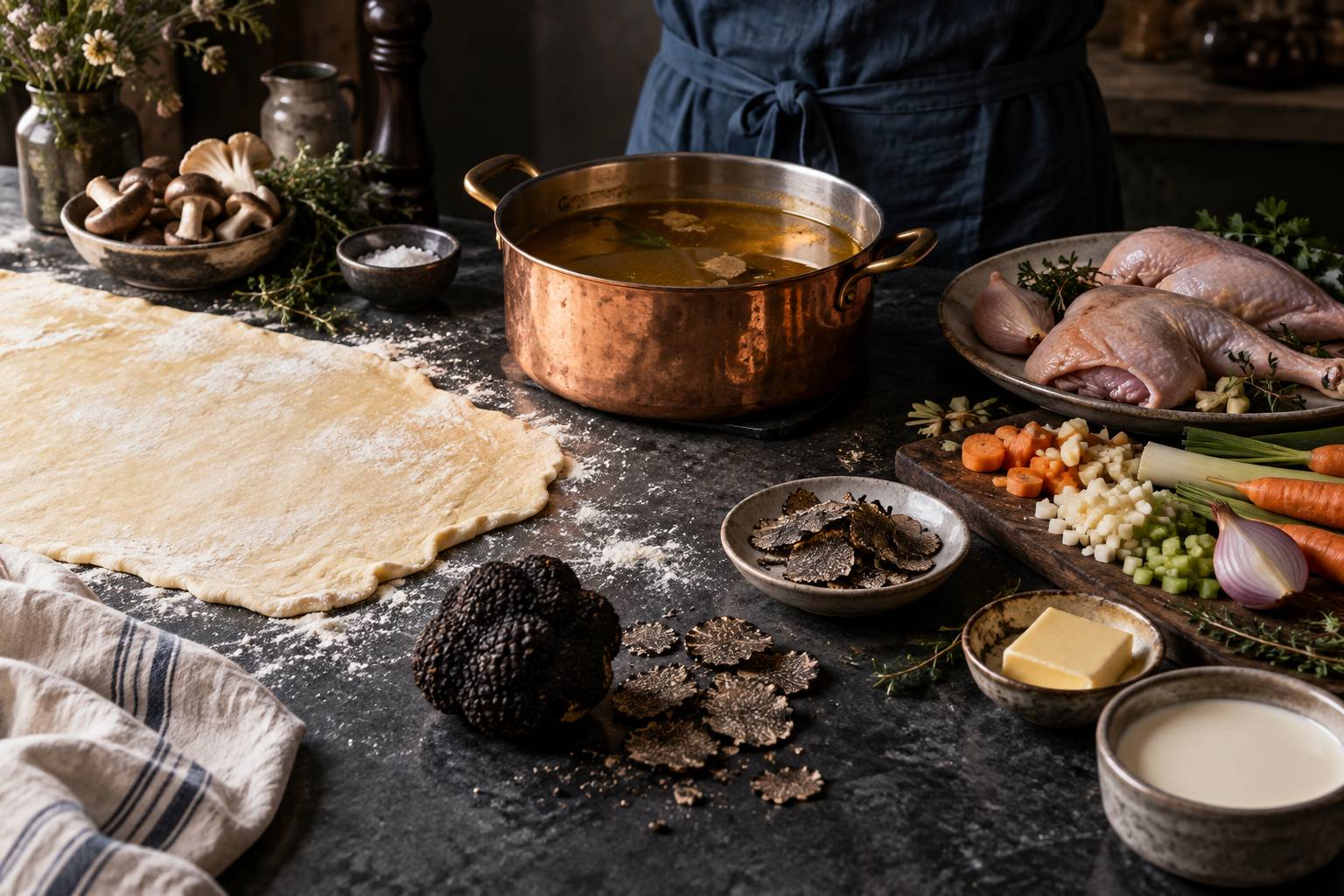 Truffe noire, pâte feuilletée et bouillon doré en préparation