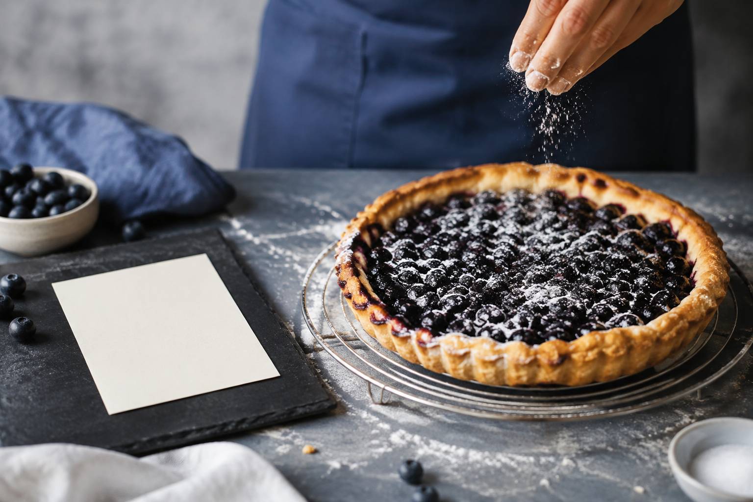 Tarte aux myrtilles dorée posée sur une grille avec des baies juteuses