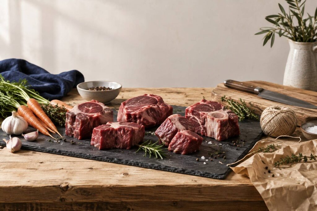 Morceaux de viande à mijoter sur une ardoise dans une boucherie artisanale