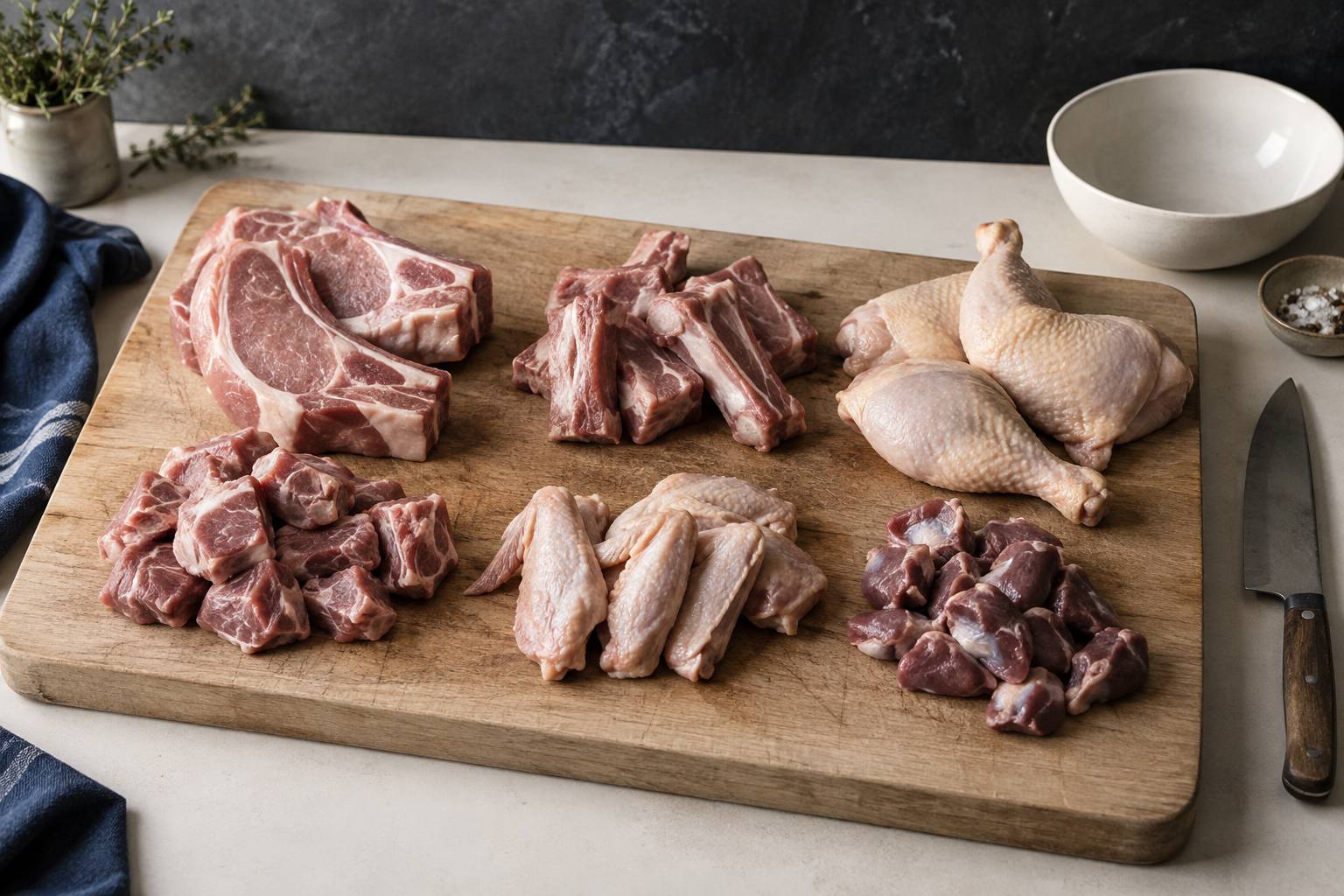 Découpes de porc et de volaille disposées sur une planche en bois
