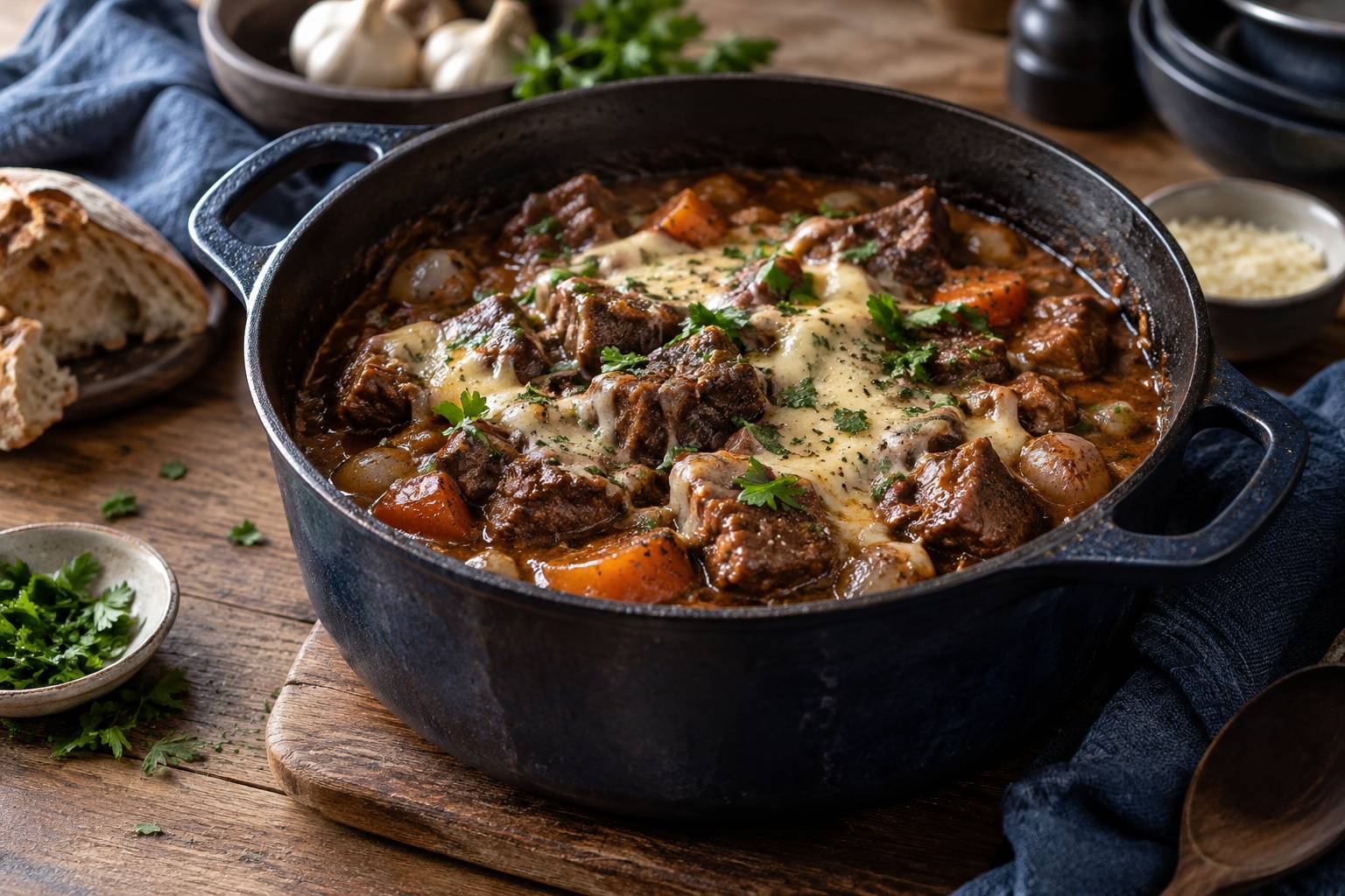 Boeuf au fromage mijote dans une cocotte en fonte