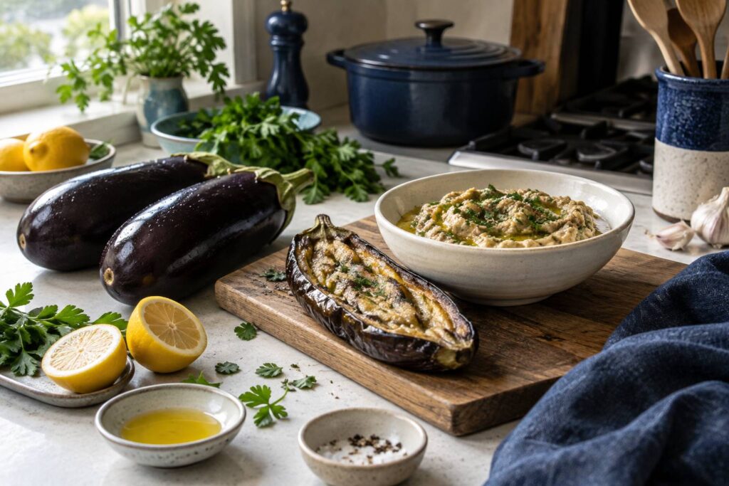 Aubergines rôties et bol de caviar d'aubergine sur une planche de bois