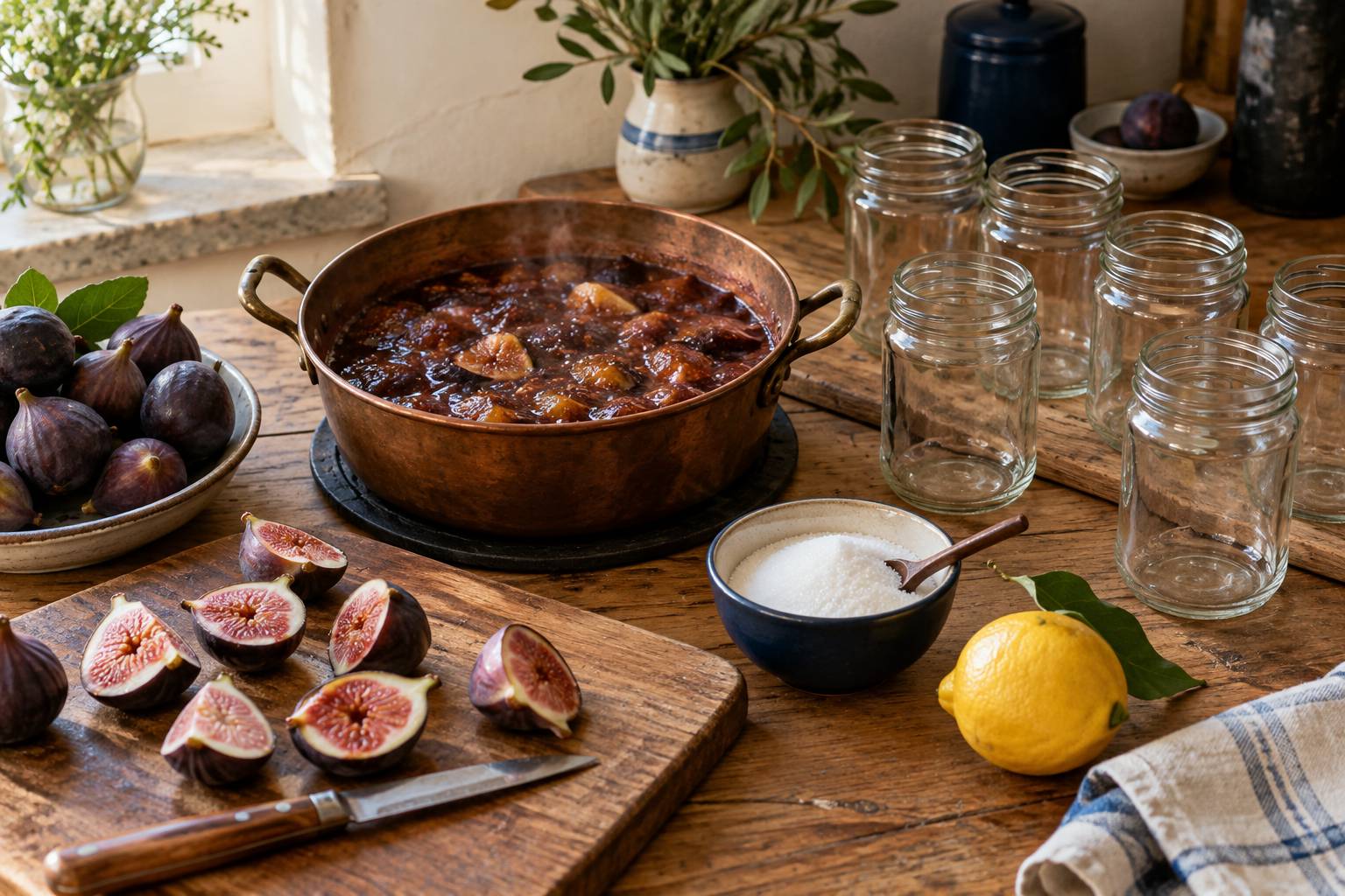 Preparation de confit de figues avec sucre, citron et pots en verre