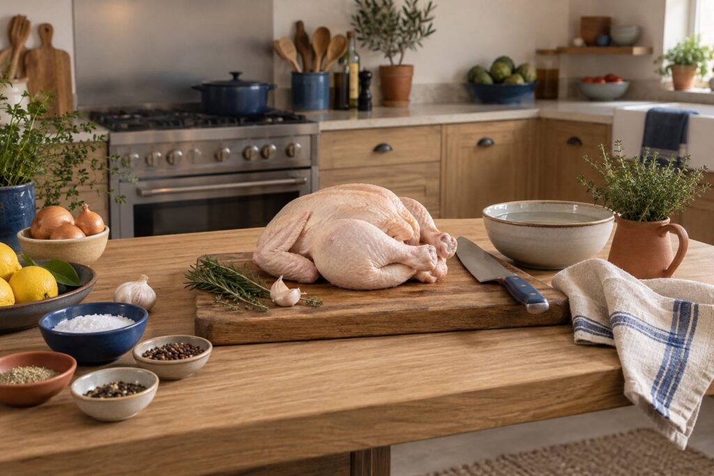 Poulet cru entier sur une planche en bois avec couteau et torchon