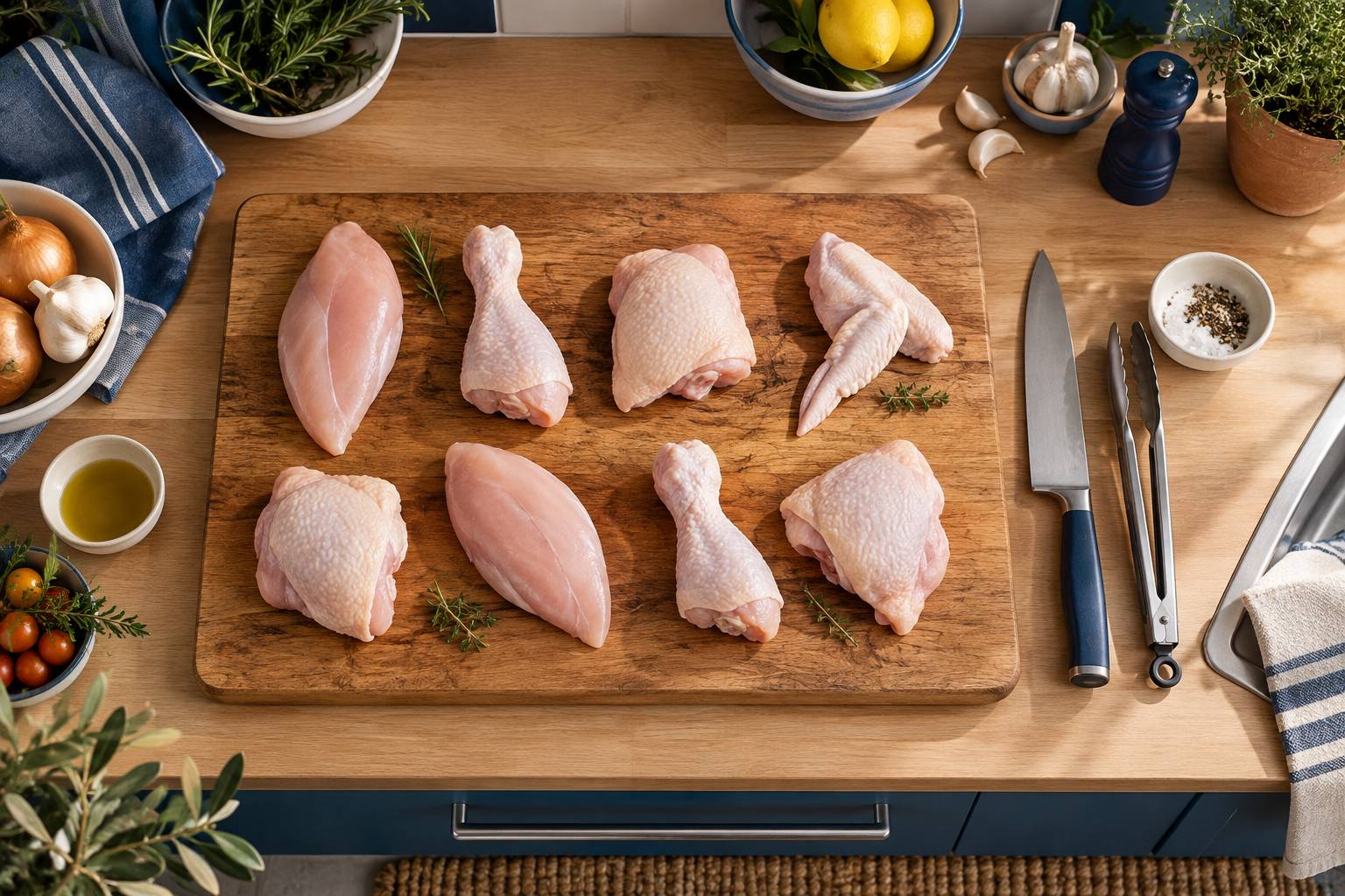 Morceaux de poulet cru en huit parts avec couteau sur une planche