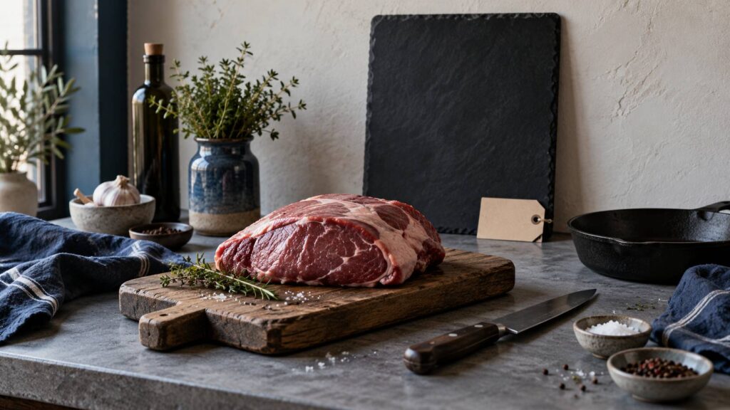 Pièce de viande crue sur planche en bois dans une cuisine