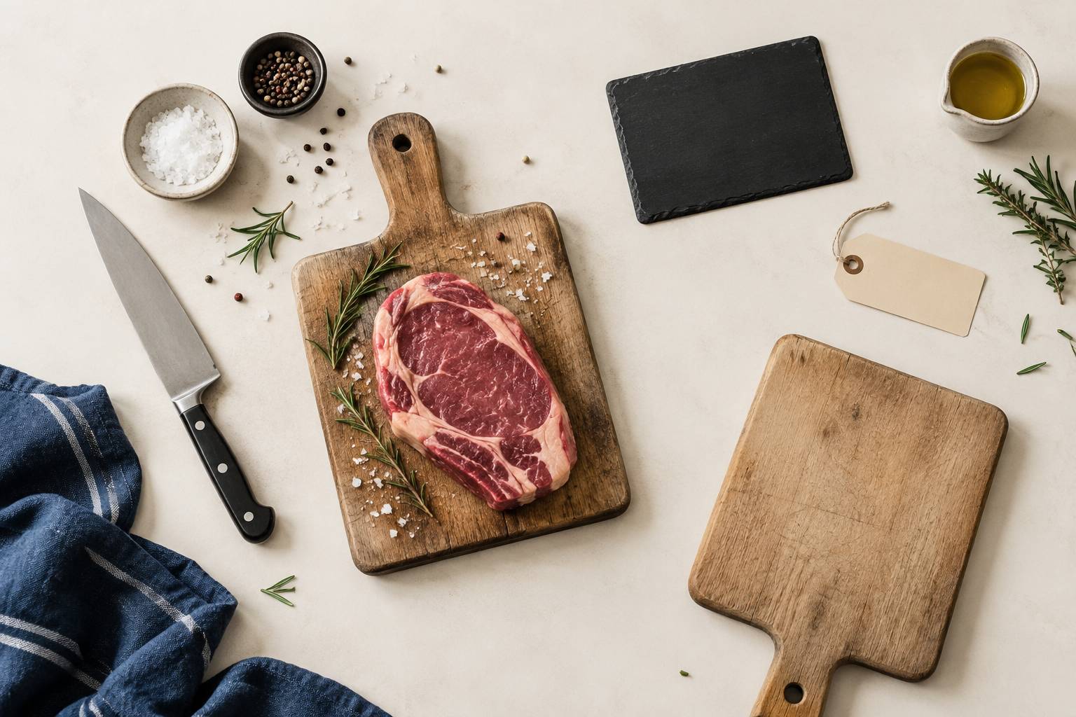 Viande, sel et couteau sur un plan de cuisine