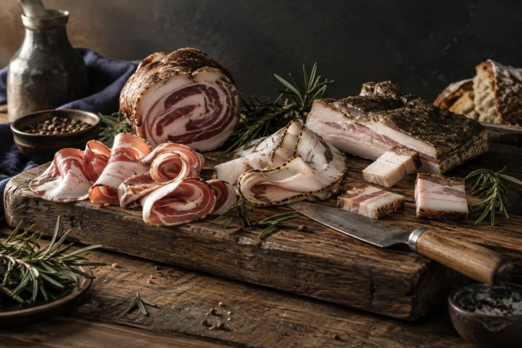 Tranches de pancetta et guanciale roulées sur une planche de charcuterie