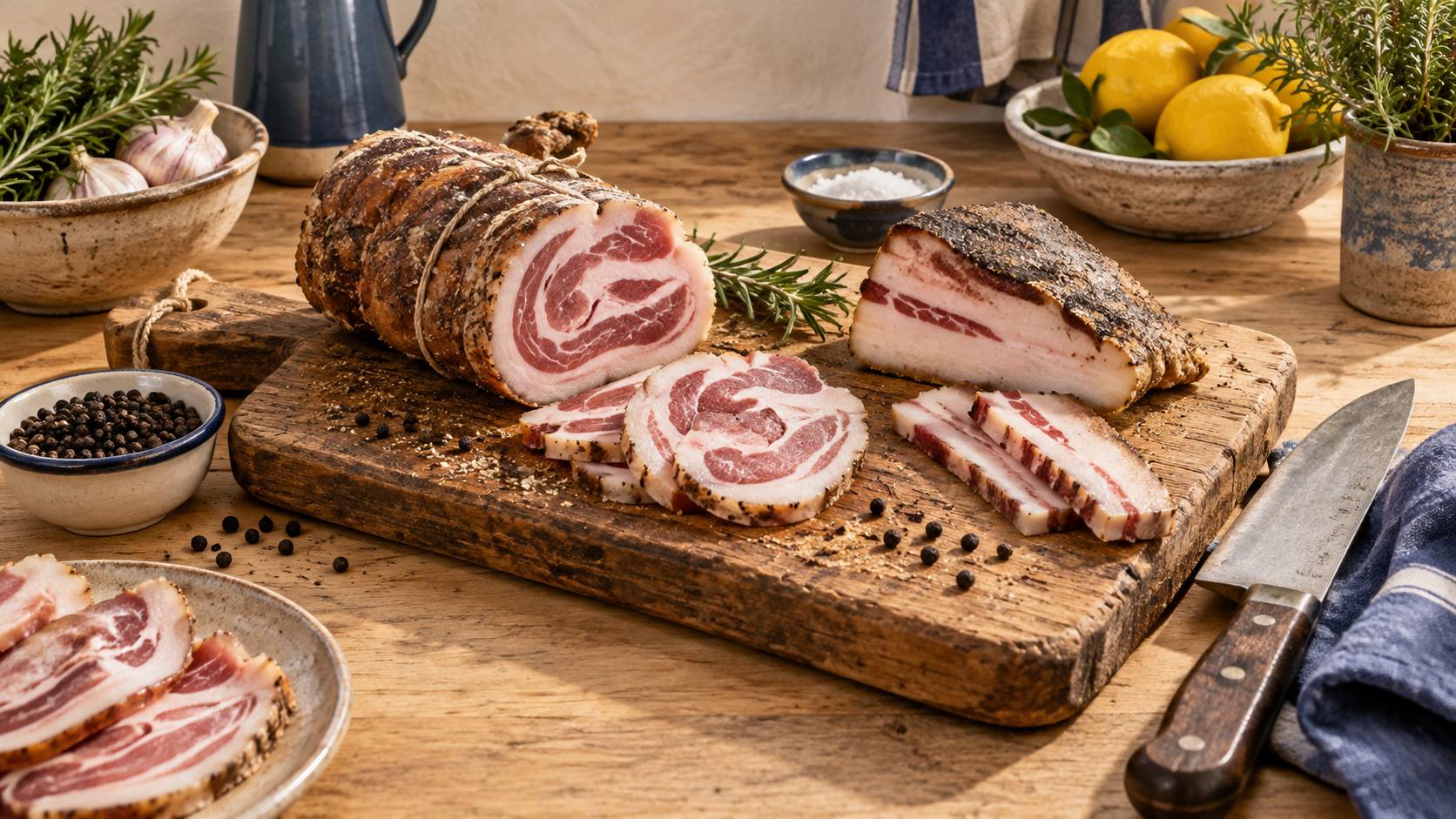 Rouleaux de charcuterie crue tranchés sur une planche en bois