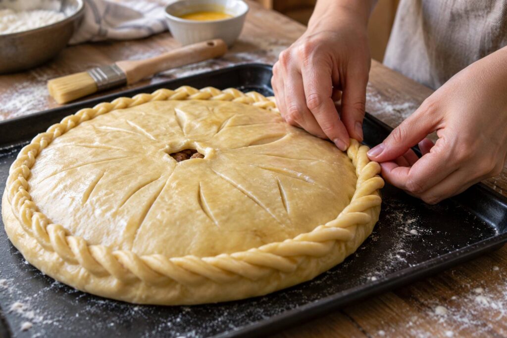 Plan de détail illustrant le sujet de l'article : Pithiviers à la viande : montage, farce et cuisson