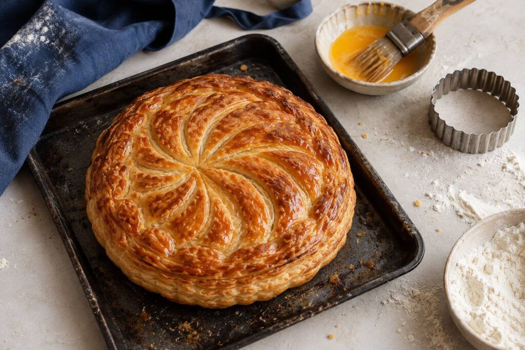 Tourte feuilletée dorée en préparation avec pinceau de dorure sur une plaque