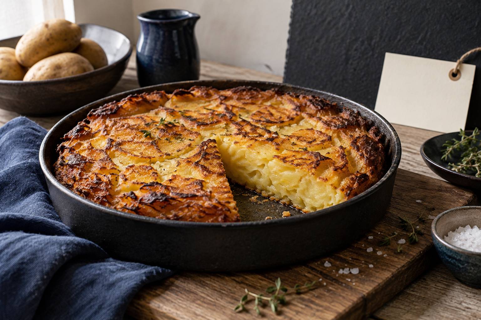 Galette de pommes de terre doree tranchee dans son moule rond
