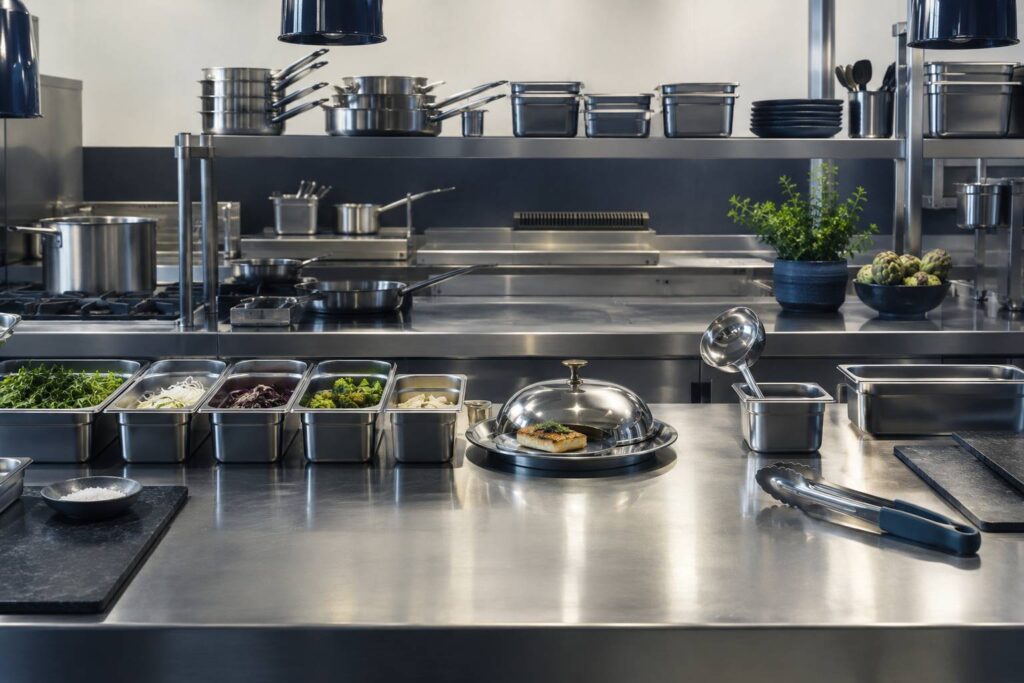 Cuisine professionnelle inox avec preparatifs mis de cote sous couvercle