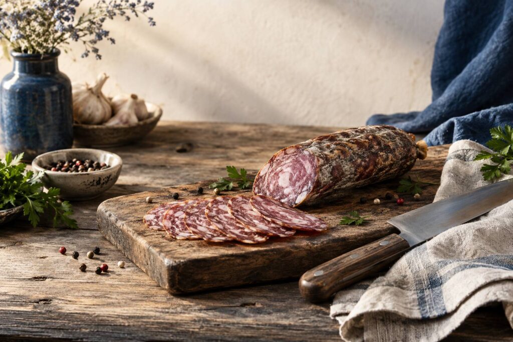 Saucisson fume entier et tranches fines sur une planche en bois