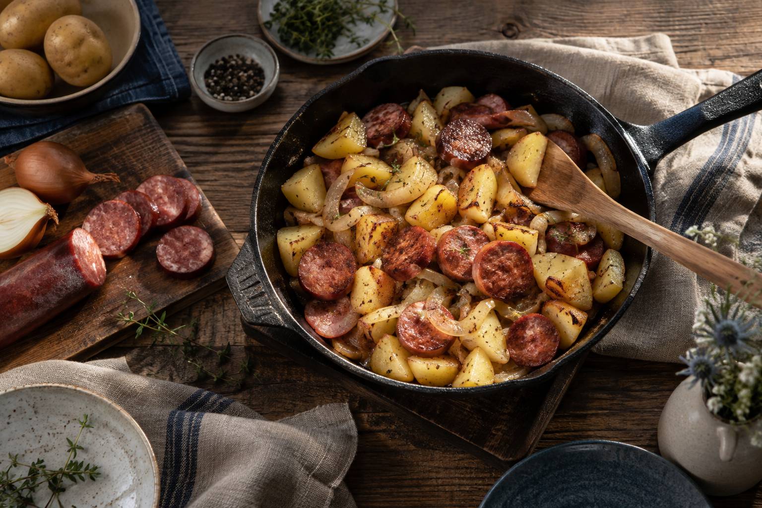 Poele en fonte avec tranches de saucisson fume, oignon et pommes de terre