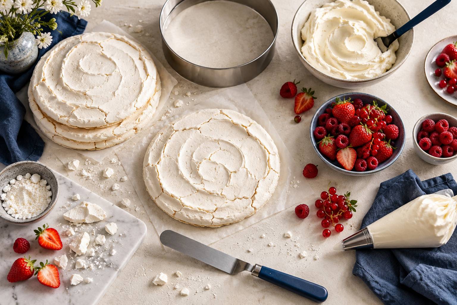 Disques de meringue, cercle a gateau et creme glacee sur un plan de travail